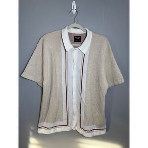 Abercrombie Fitch Mens Knit Polo Shirt‎ Beige Stripe Short Sleeve Button Up XL